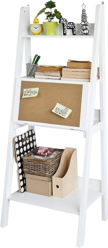 Witte opbergrek, ladderplank, boekenkast met bureau/memobord en 3 planken