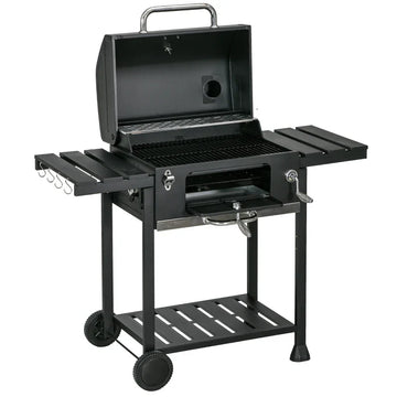 Houtskoolbarbecue met verstelbare kolenbak | Kleur: Zwart | Afmetingen: 64x120x114 cm