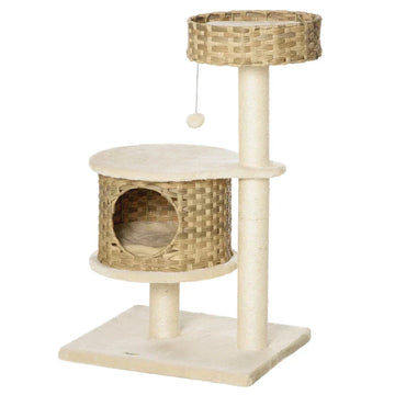 Kattenkrabpaal met kattenhuis | Kleur: Naturel + beige | Afmetingen: 47x55x95 cm