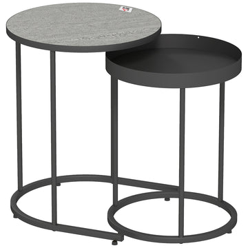 Set van 2 grijze metalen bijzettafels met dienblad | Kleur: Grijs + zwart | Afmetingen: 42x42x54 cm