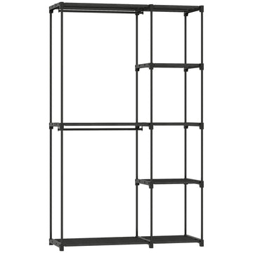Stoffen kledingkast met 2 rails en 6 planken | Kleur: Zwart | Afmetingen: 111x43x185 cm