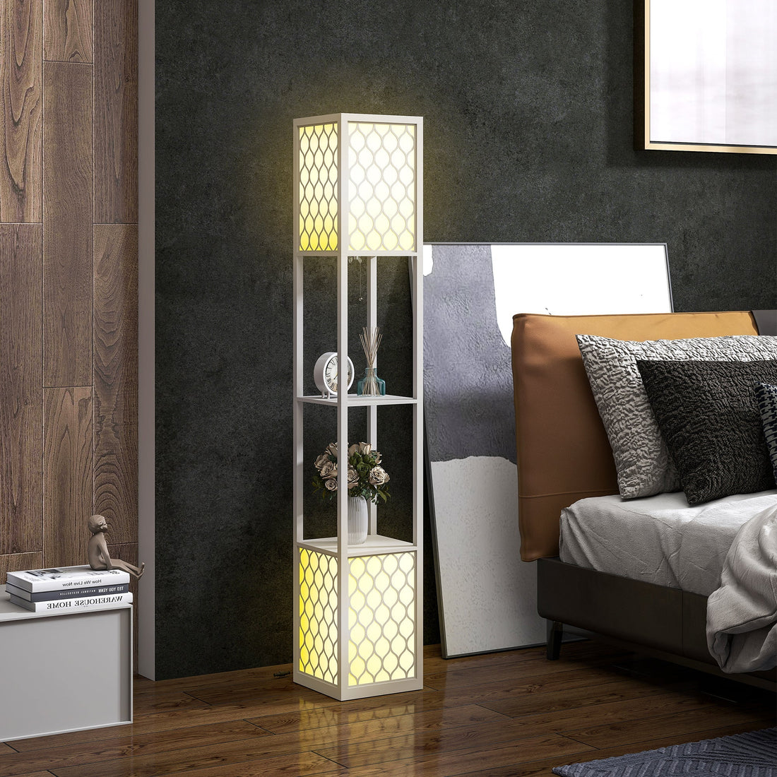 Staande lamp met 2 planken - Wit | Kleur: Wit | Afmetingen: 26x26x156 cm
