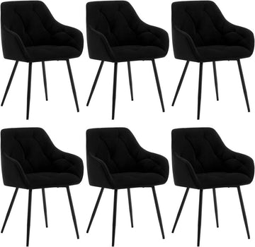 6-delige eetkamerstoelset van fluweel met metalen poten | Zwart | 56x53x83,5 cm