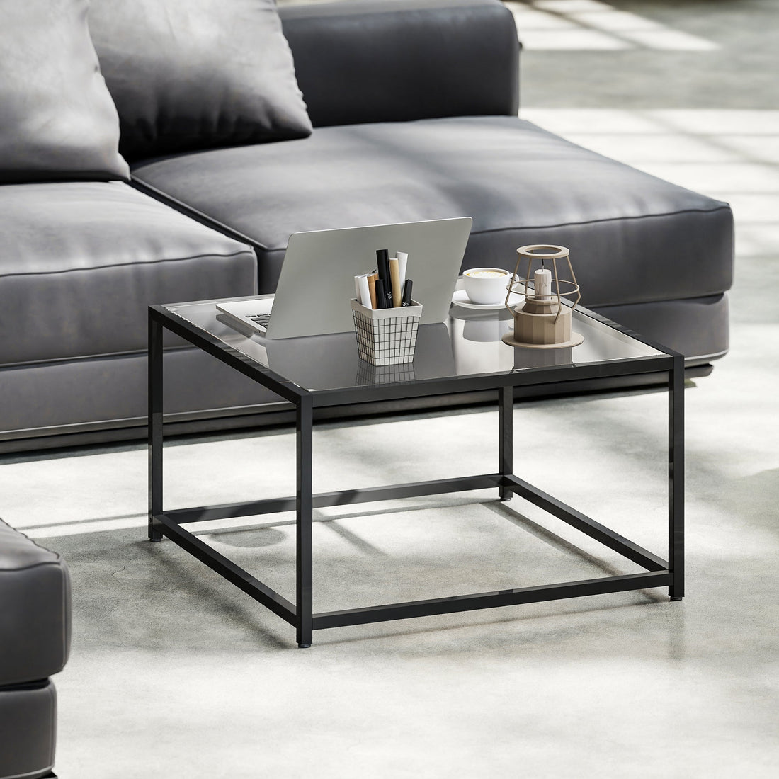 Quadratischer Beistelltisch - Couchtisch aus Glas und Stahl | Farbe: Schwarz | Abmessungen: 68x68x39 cm