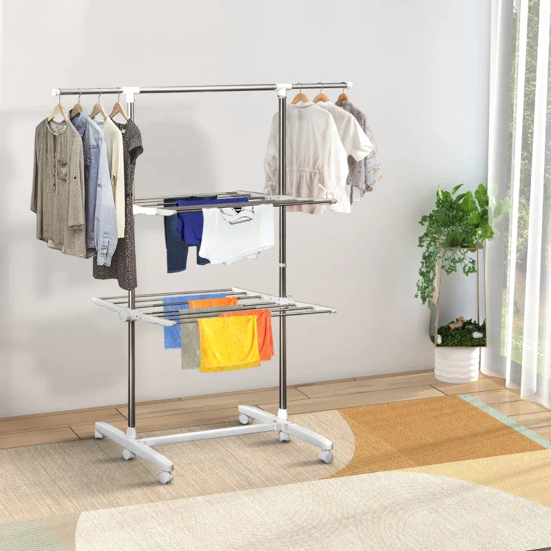 Verstelbaar droogrek op wielen | Kleur: Wit+Zilver | Afmetingen: 83-136.5x55x154 cm