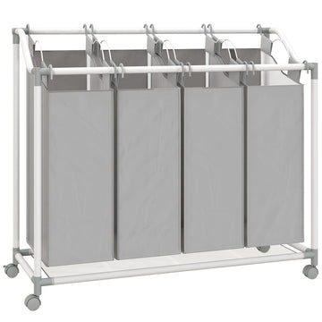 Wasmand op wielen 160L met 4 vakken | Kleur: Grijs, wit | Afmetingen: 97x38x81 cm