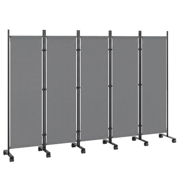 5-delige paravent op wielen | Kleur: Donkergrijs | Afmetingen: 40x252x170 cm