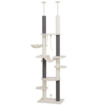 Plafondhoge krabpaal voor katten | Kleur: Wit+Grijs | Afmetingen: 44x60x225-255 cm