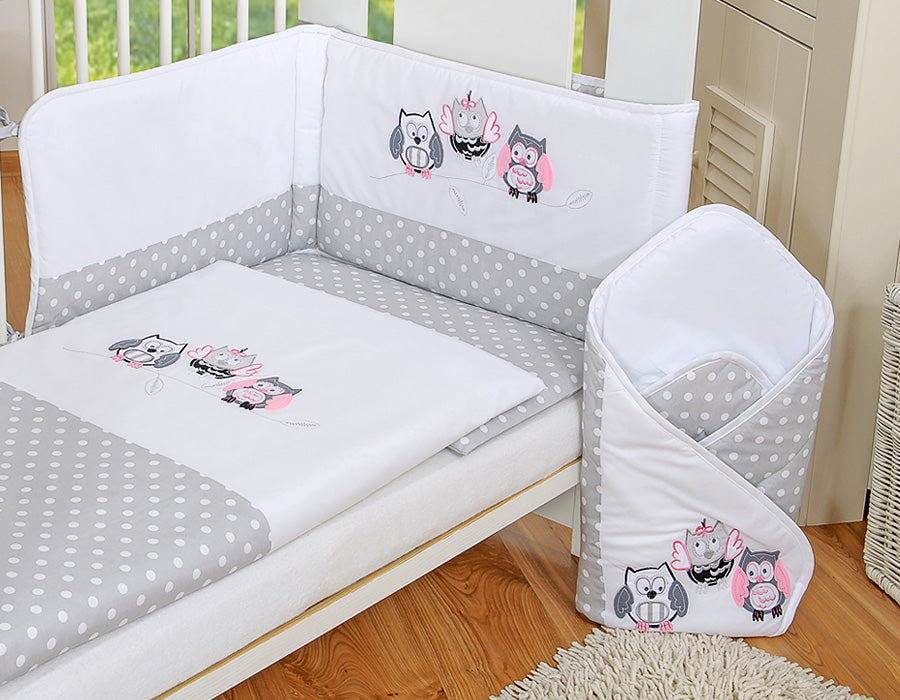 Baby bedtextiel set – babybeddengoed – 100% katoen, ademend & anti-allergeen, grijze uiltjes