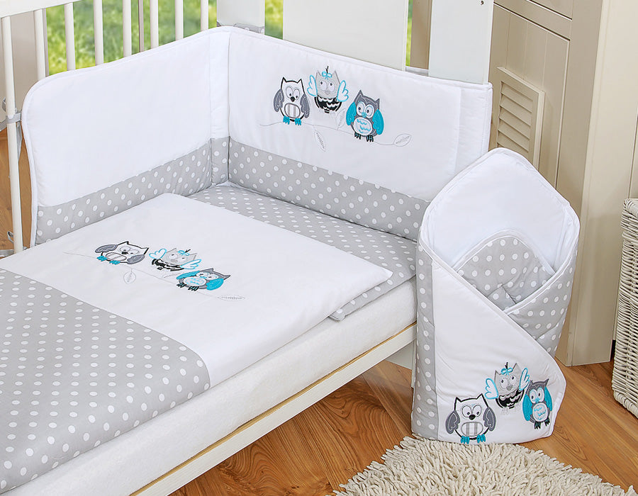 Babybedset 3-delig - wiegset - 100% katoen, Oeko-Tex gecertificeerd, met grijze uilenborduursels