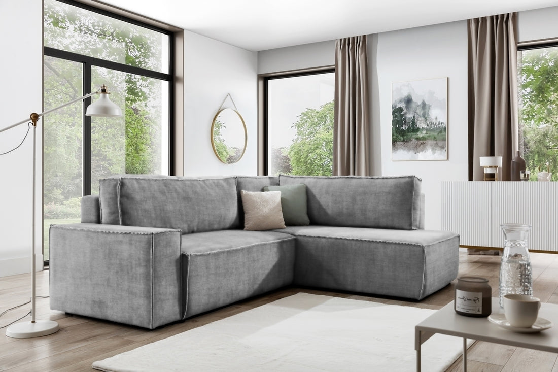 Flabio L Rechtshandige Hoekbank met Slaapfunctie - Luxe Grijs Fluweel | Kleur: Grijs (Vogue 14)
