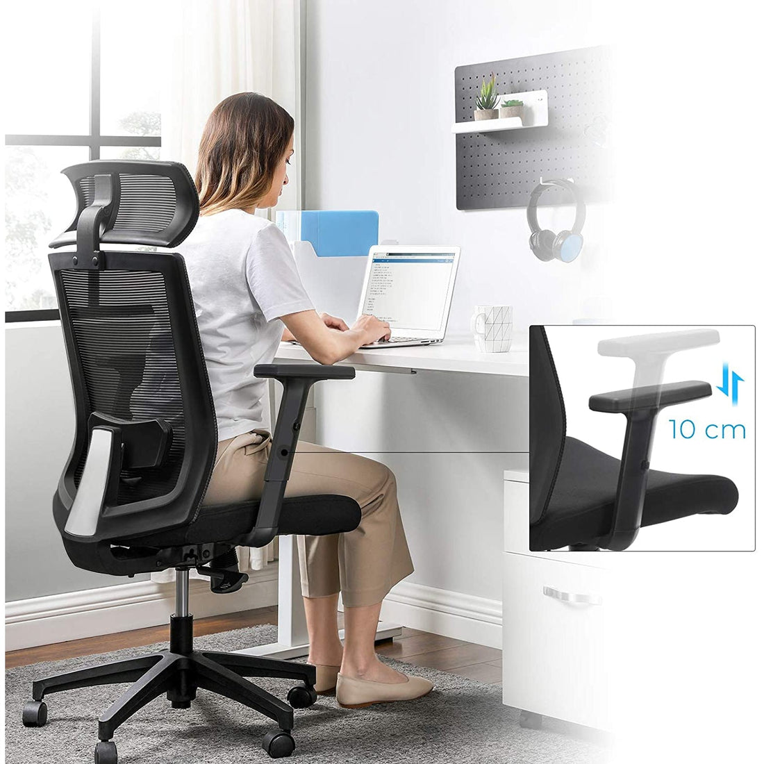 Ergonomisk kontorsstol - 360° vridbar - Svankstöd - Nackstöd - Justerbar - Svart