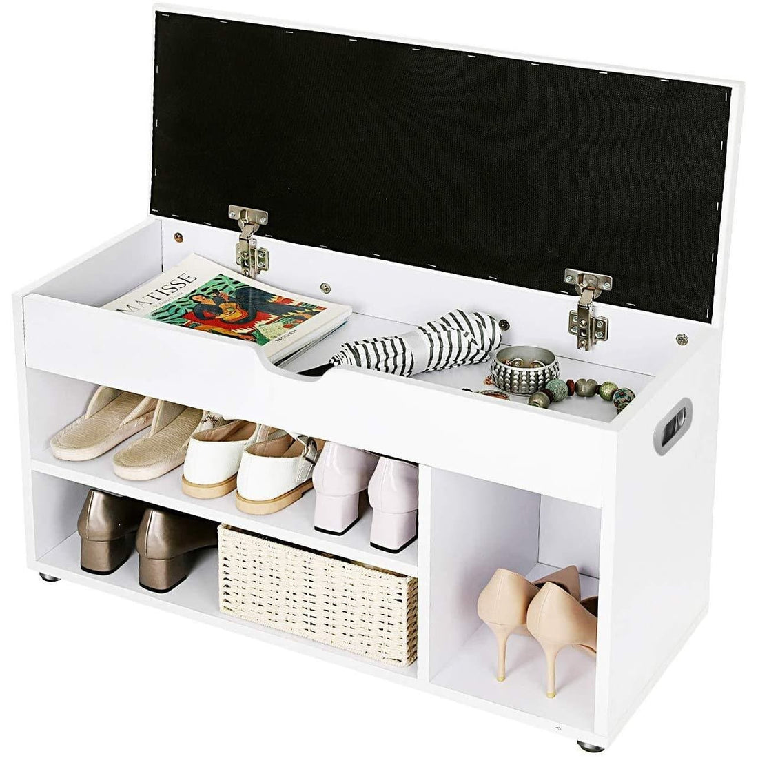 Witte schoenenkast met zitbank, houten opbergkast - 80 x 44 x 30 cm (B x H x D)