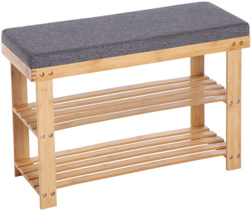 Schoenenbank met schoenenrek van bamboe, 2 planken, grijs/naturel, 71 x 29 x 49 cm
