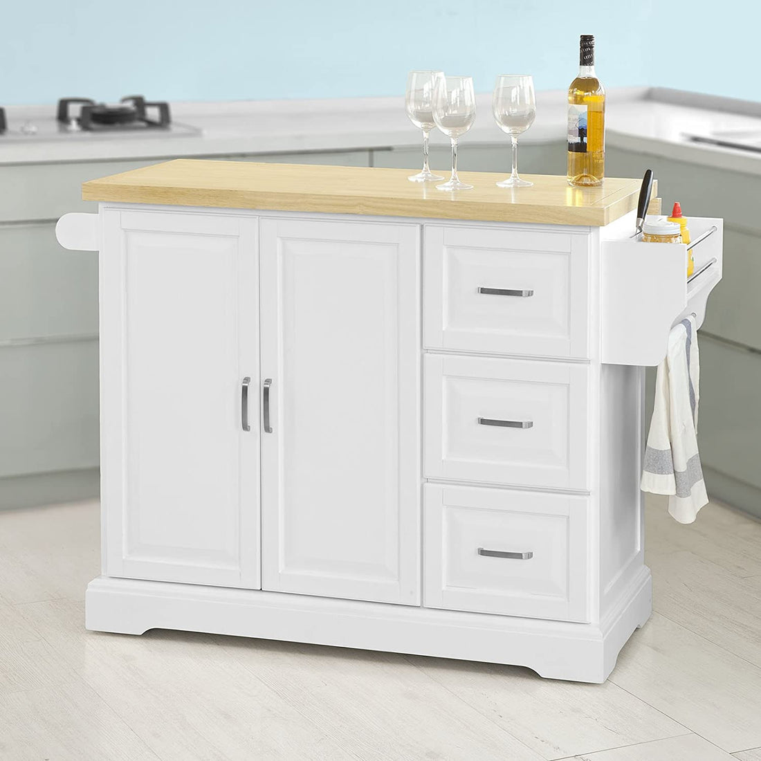 Uitschuifbare keukeneilandkeuken - Kast Sideboard Kitchen - Opbergwagen met werkblad van rubberhout