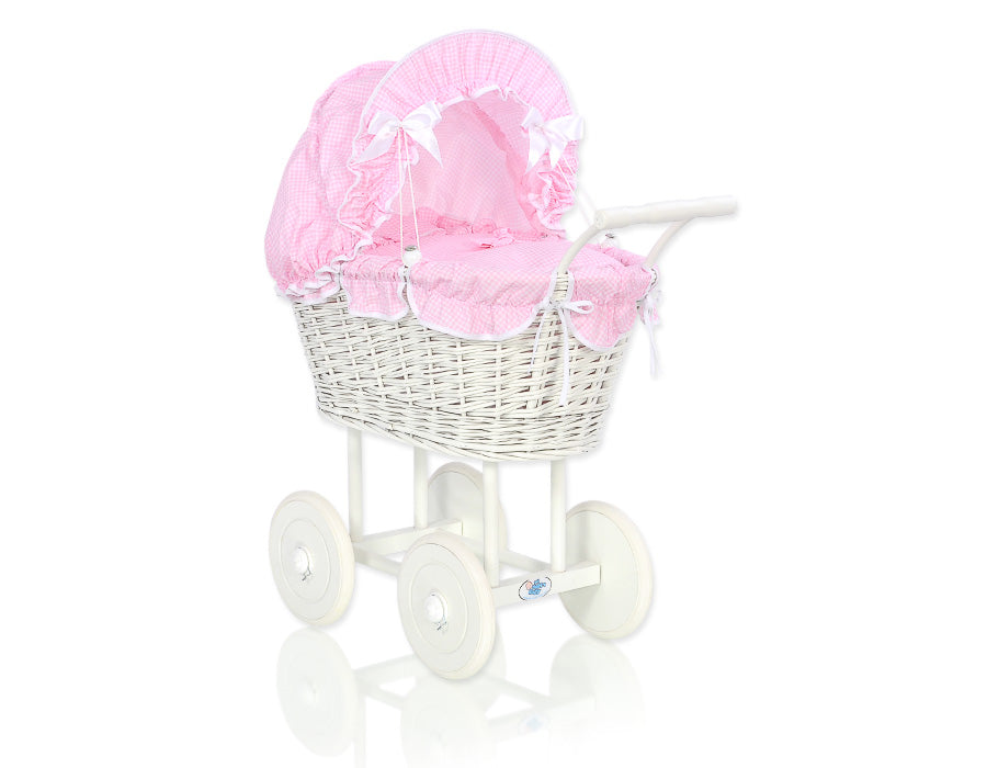 Dockvagn i rotting - leksaksvagn - handgjord och ekologisk, rosa klädsel, robust trä