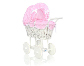 Dockvagn i rotting - leksaksvagn - handgjord och ekologisk, rosa klädsel, robust trä