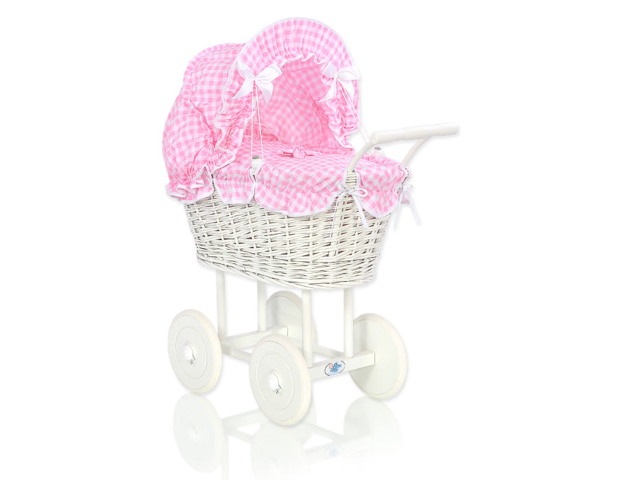 Dockvagn i rotting - leksaksvagn - handgjord och ekologisk, rosa klädsel, robust trä