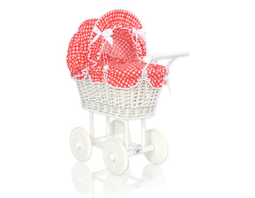 Dockvagn i rotting - leksaksvagn - inklusive rött sängkläder och bomullsstoppning