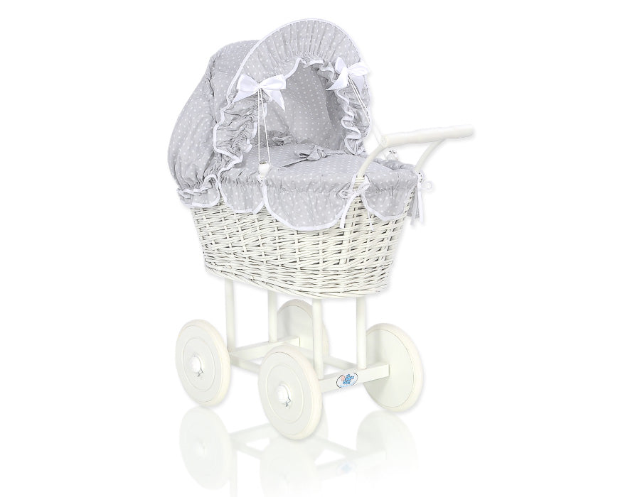 Weißer Puppenwagen aus Weide – handgefertigter und ökologischer, besonders sicherer Weidenspielzeugwagen