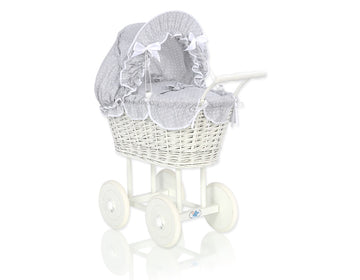 Weißer Puppenwagen aus Weide – handgefertigter und ökologischer, besonders sicherer Weidenspielzeugwagen