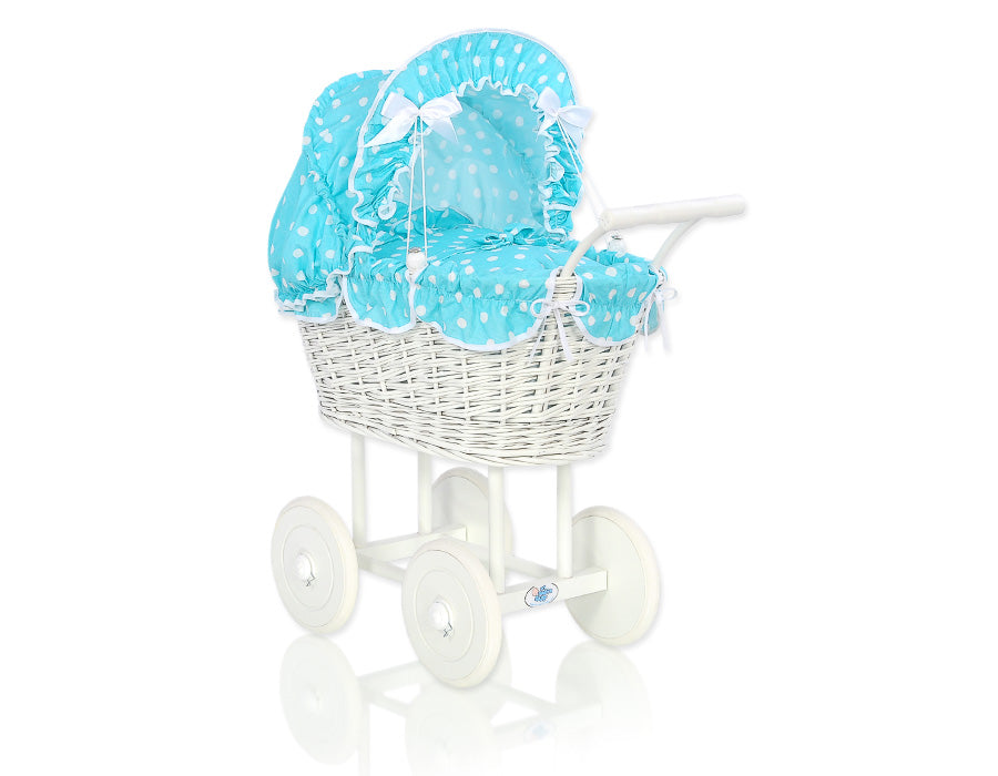 Wicker poppenwagen - rieten bolderkar - ecologisch, handgemaakt, stabiel chassis, turquoise