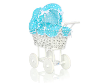 Wicker poppenwagen - rieten bolderkar - ecologisch, handgemaakt, stabiel chassis, turquoise