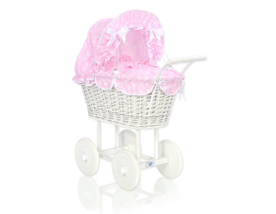 Dockvagn i rotting - leksaksvagn - handgjord och ekologisk, rosa klädsel, robust trä