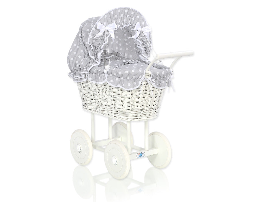 Weißer Puppenwagen aus Weide – handgefertigter und ökologischer, besonders sicherer Weidenspielzeugwagen