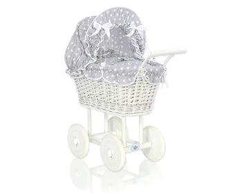 Weißer Puppenwagen aus Weide – handgefertigter und ökologischer, besonders sicherer Weidenspielzeugwagen