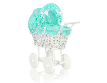 Wicker poppenwagen - rieten buggy - handgemaakt en ecologisch, met mint beddengoed – wit
