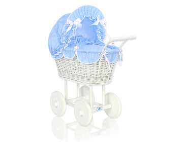 Weißer Puppenwagen aus Weide – robuster und sicherer Weidenspielzeugwagen mit blauem Bezug