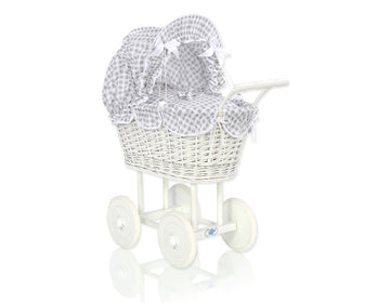 Weißer Puppenwagen aus Weide – handgefertigter und ökologischer, besonders sicherer Weidenspielzeugwagen