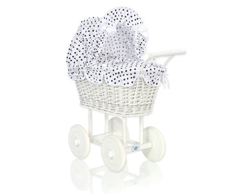 Wicker poppenwagen - rieten kinderwagen - handgemaakt, eco-vriendelijk beukenhout chassis