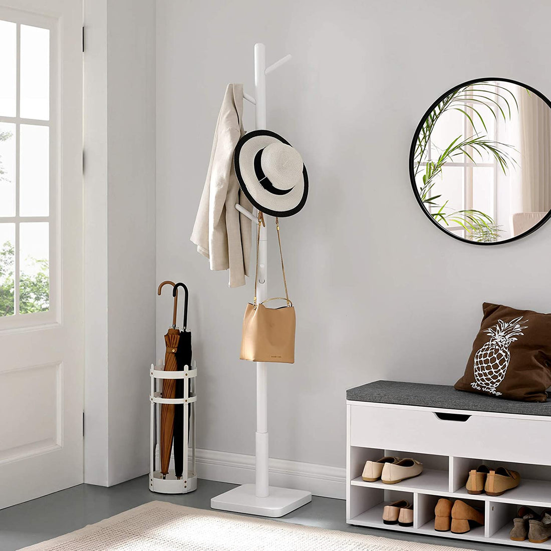Garderobenständer - Kleiderständer - Massives Gummibaumholz - Baumform - 8 Haken - Weiß - 30 x 30 x 175 cm