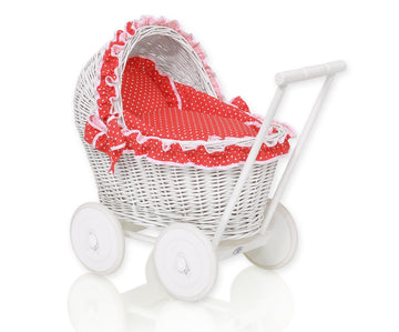 Weißer Puppenwagen aus Weide – Spielwagen – weiches Futter &amp; stabiles Holzgestell