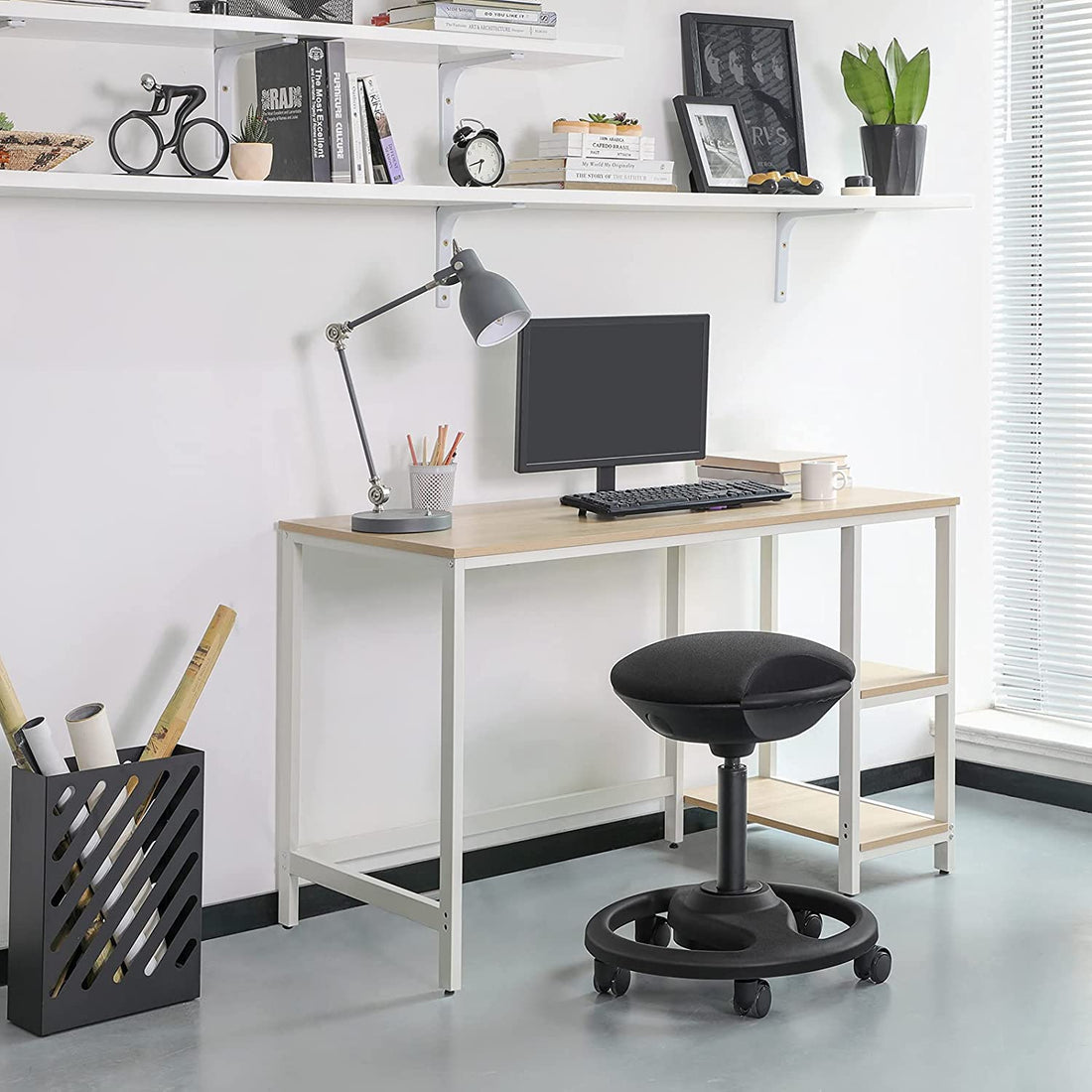 Arbetspall på hjul, ergonomisk, lutbar, justerbar, svart, tyg, 50 x 50 x 55-73 cm