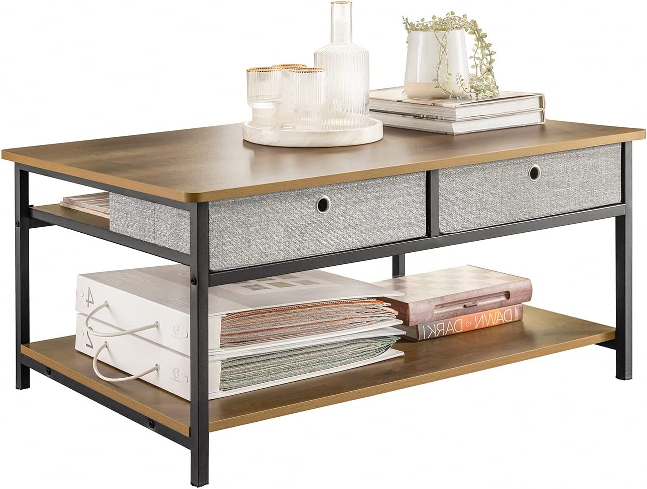 Industriële Vintage Stijl Salontafel - Woonkamertafel - 2 Stoffen Laden - B100 x D60 x H46cm
