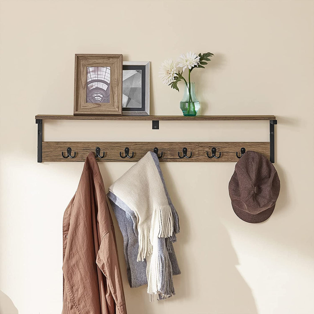 Wandkapstok met 1 Opbergplank en 7 Haken - Wandplank - Wandophangplank Hakenrek