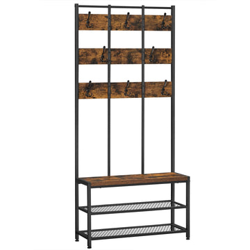 Kapstok met 8 haken, zitbank en 2 planken - metalen frame, industrieel bruin-zwart