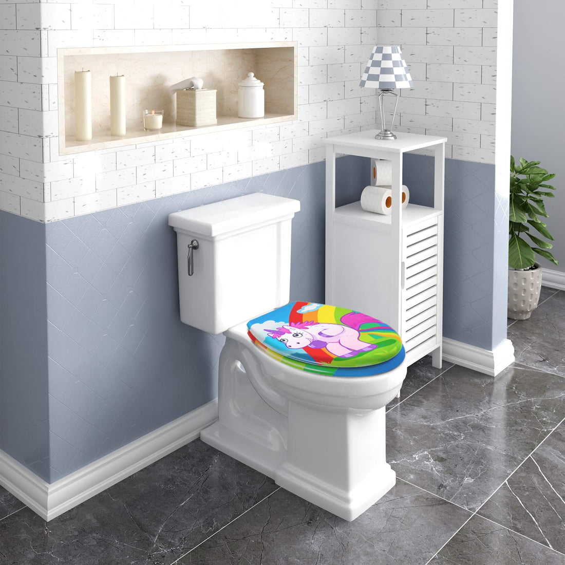 Ovale toiletbril met softclose en eenhoornmotief | Veelkleurig