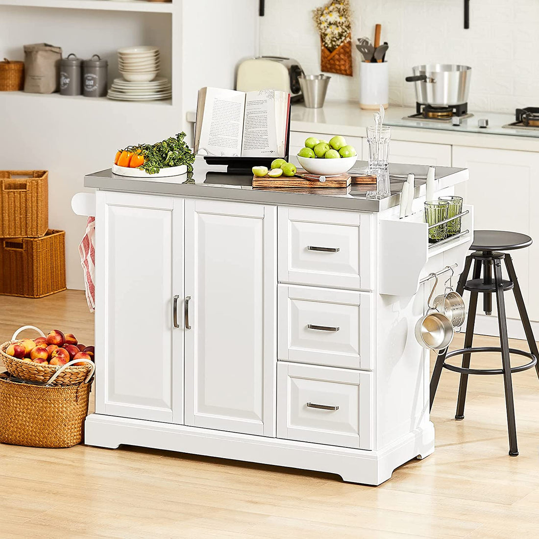 Uitschuifbaar keukeneiland - Kast Sideboard Kitchen - Opbergwagen met roestvrijstalen werkblad