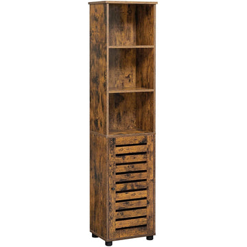 Hoge badkamerkast met deur, 3 open vakken, verstelbare planken, bruin, 40 x 30 x 167 cm