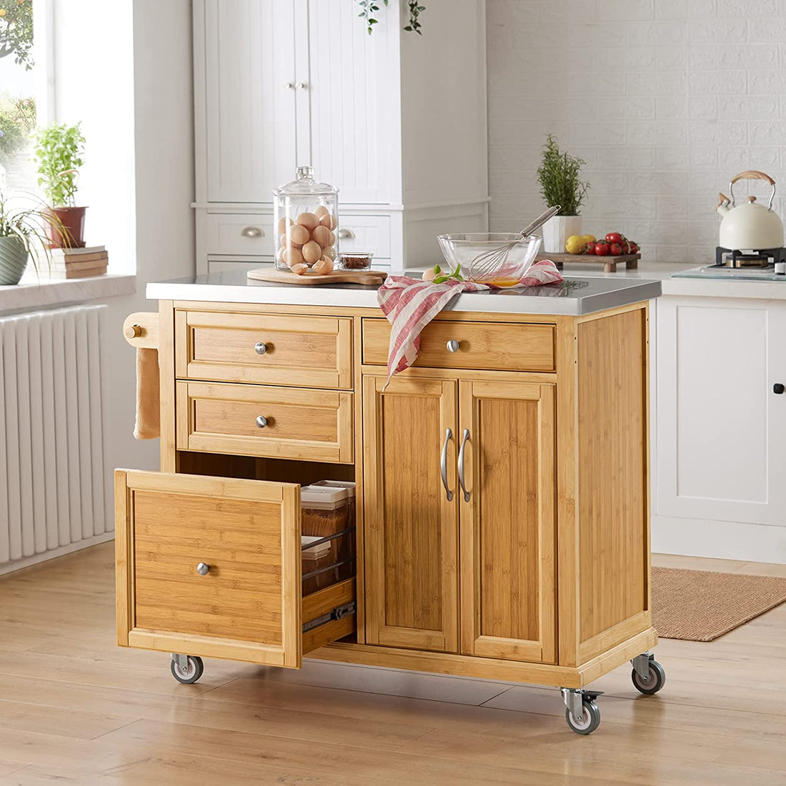 Keukenopbergwagen - Keukeneiland - Keukenkast - Kast - Dressoir met RVS Bovenblad