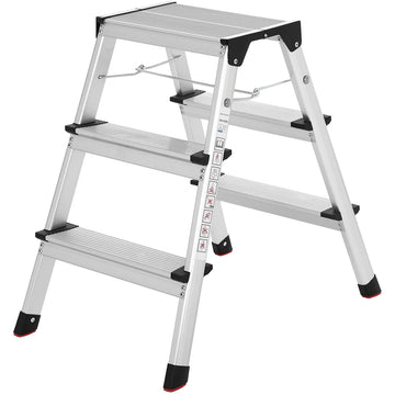 Aluminium huishoudladder - 3 treden - inklapbaar - zilver/zwart - 44 x 68 x 20 cm