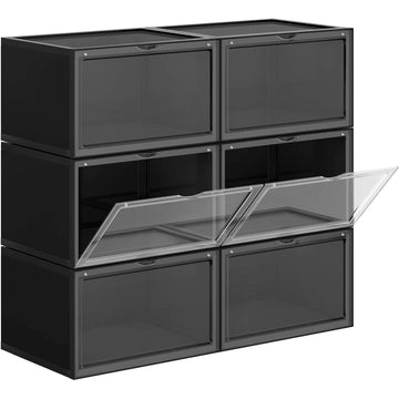 Schoenenboxen set van 6, stapelbaar, maat t/m 46, zwart/transparant