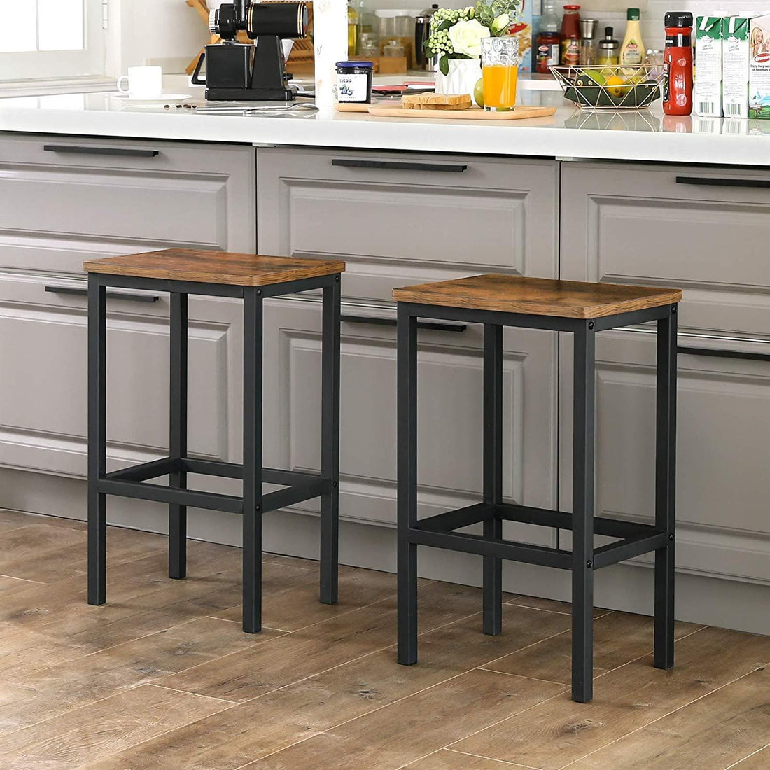 Barhocker 2er-Set - Industrielle Barstühle mit Fußstütze - Dunkelbraun - 40 x 30 x 65 cm