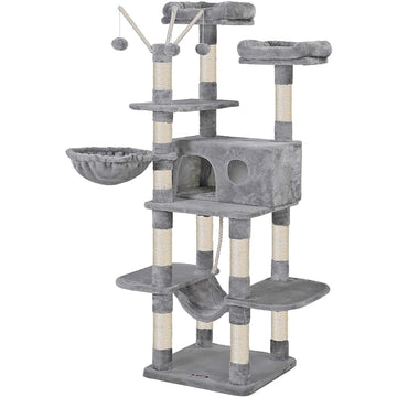 Kattenboom met krabpaal, hangmat en kattenhuis – 6 niveaus, grijs/beige, 50 x 50 x 164 cm