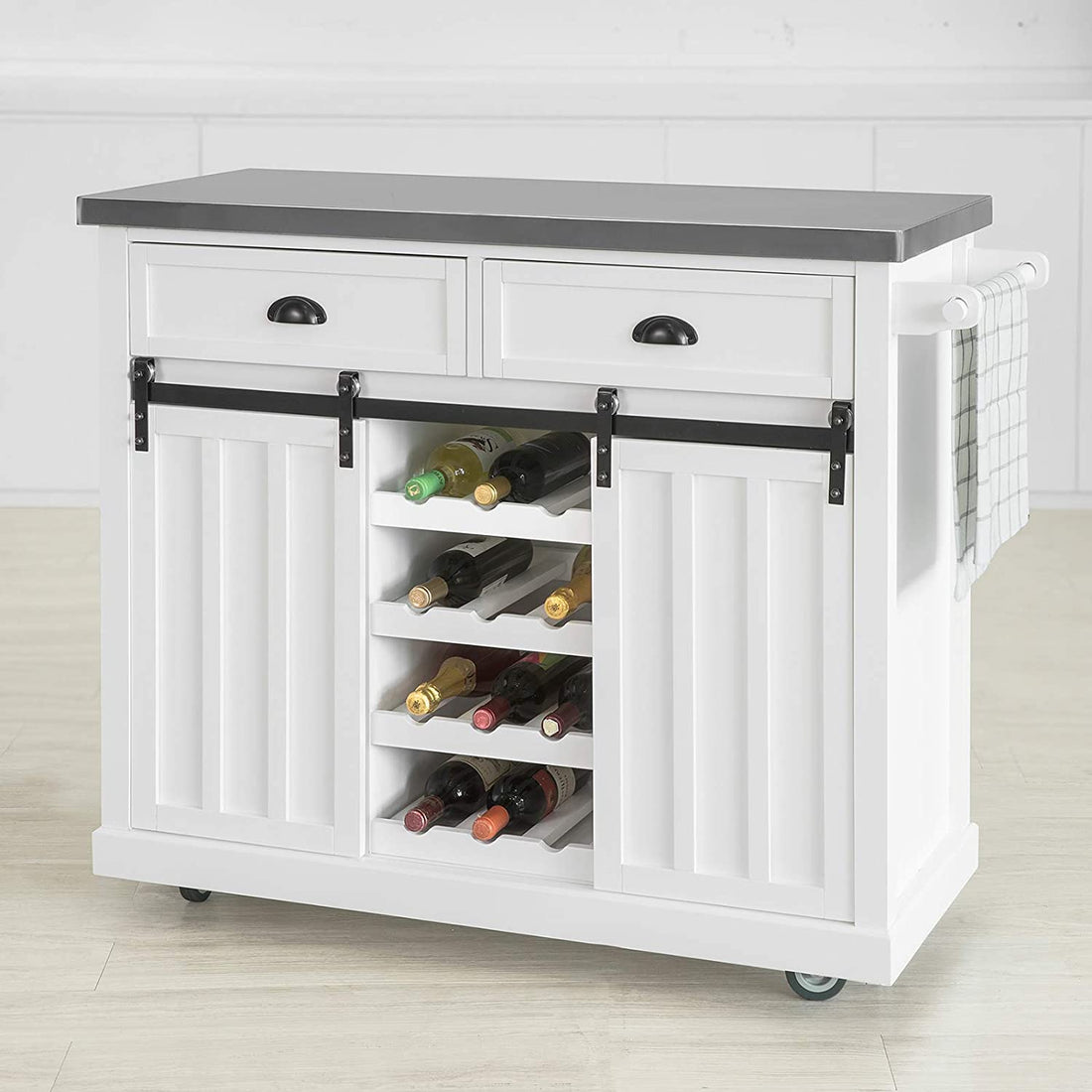 Keukenopbergwagen - Keukenkast - Kast - Dressoir - Keukeneiland met RVS Bovenblad & 2 Schuifdeuren