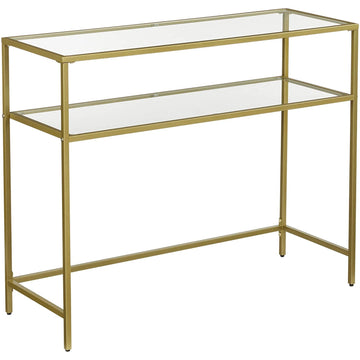 Consoletafel 2 niveaus, gehard glas, goud frame, verstelbare poten, 100 x 35 x 80 cm